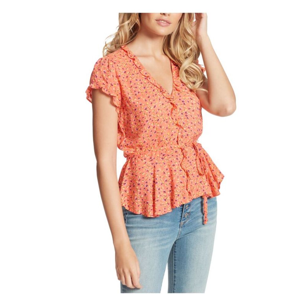 NWT JESSICA SIMPSON Womens Orange Front Button Closure Tie Waist Blouse XS